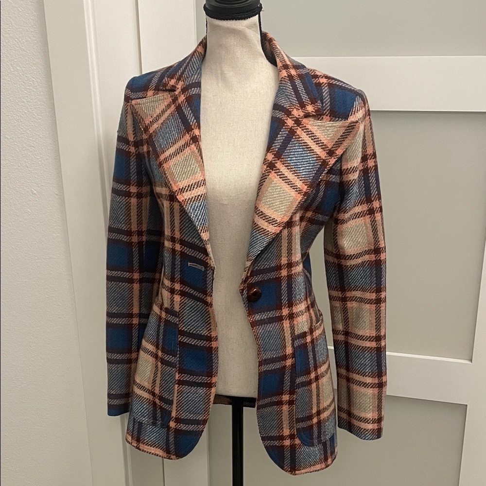 Smythe Plaid Single-Button Blazer in Blue, Tan and Brown